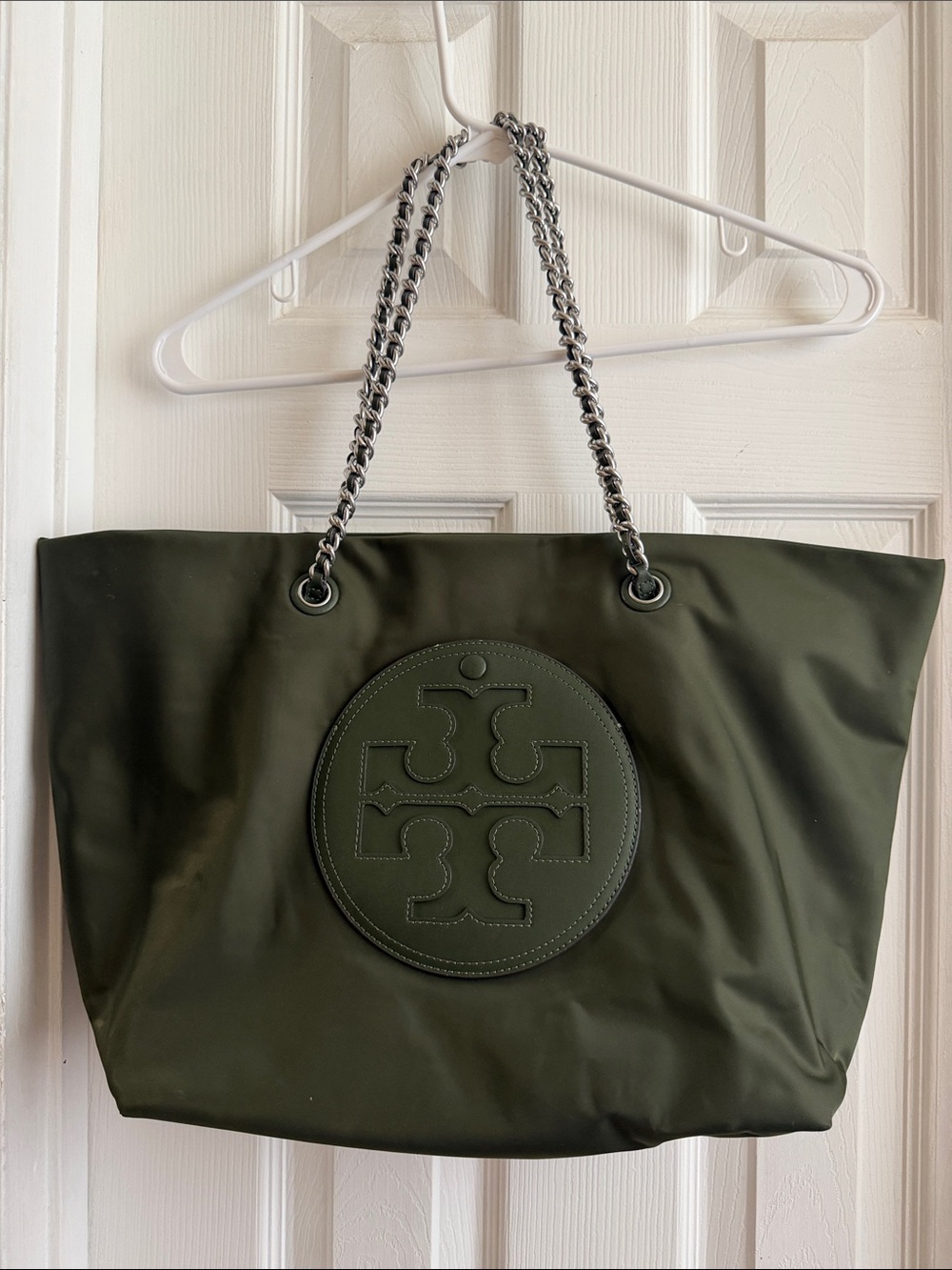 Tory Burch Dark Olive Nylon Tote with Silver Chain Straps